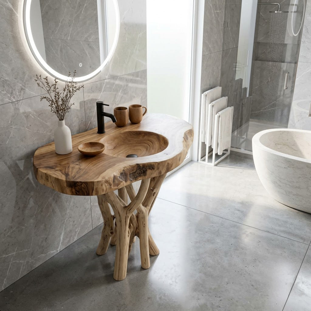 Sculpted Branch Pedestal Solid Wood Bathroom Vanity Organic Live Edge Washstand