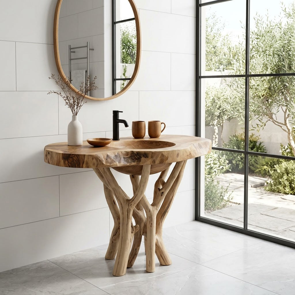 Sculpted Branch Pedestal Solid Wood Bathroom Vanity Organic Live Edge Washstand