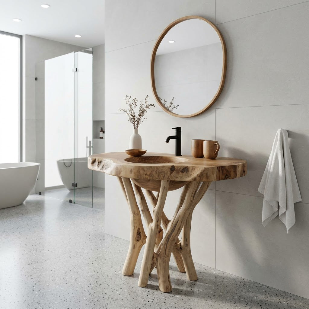 Sculpted Branch Pedestal Solid Wood Bathroom Vanity Organic Live Edge Washstand