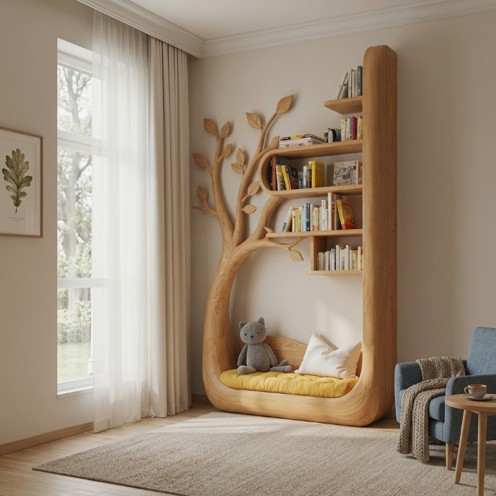 Sculpted Solid Wood Tree Bookshelf With Built-in Reading Nook For Kids