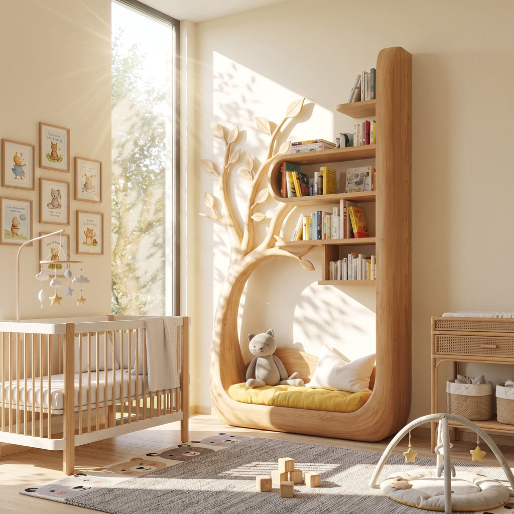 Sculpted Solid Wood Tree Bookshelf With Built-in Reading Nook For Kids