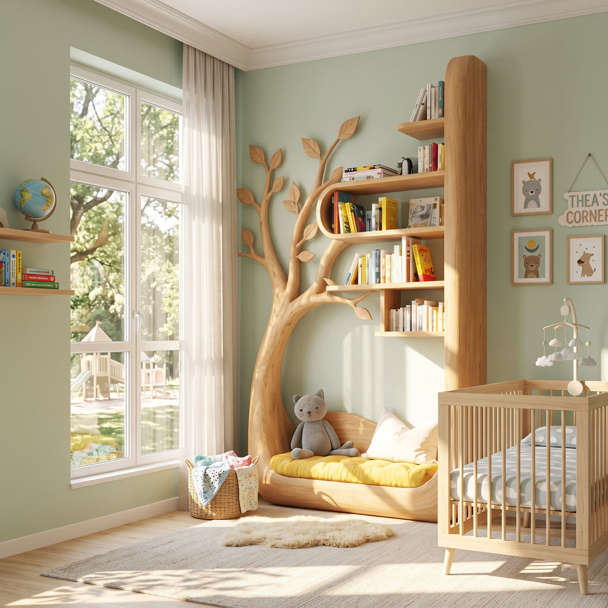 Sculpted Solid Wood Tree Bookshelf With Built-in Reading Nook For Kids