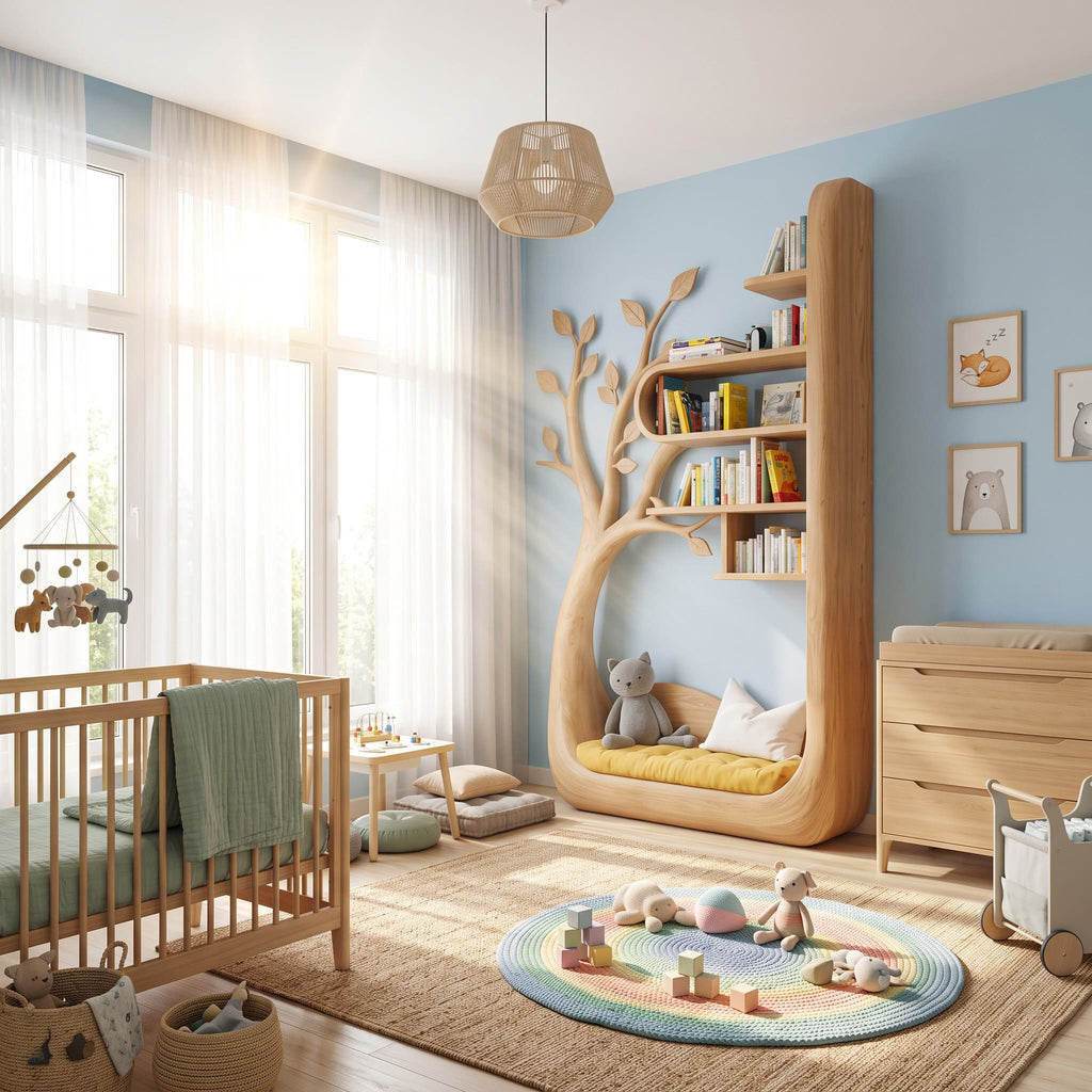 Sculpted Solid Wood Tree Bookshelf With Built-in Reading Nook For Kids