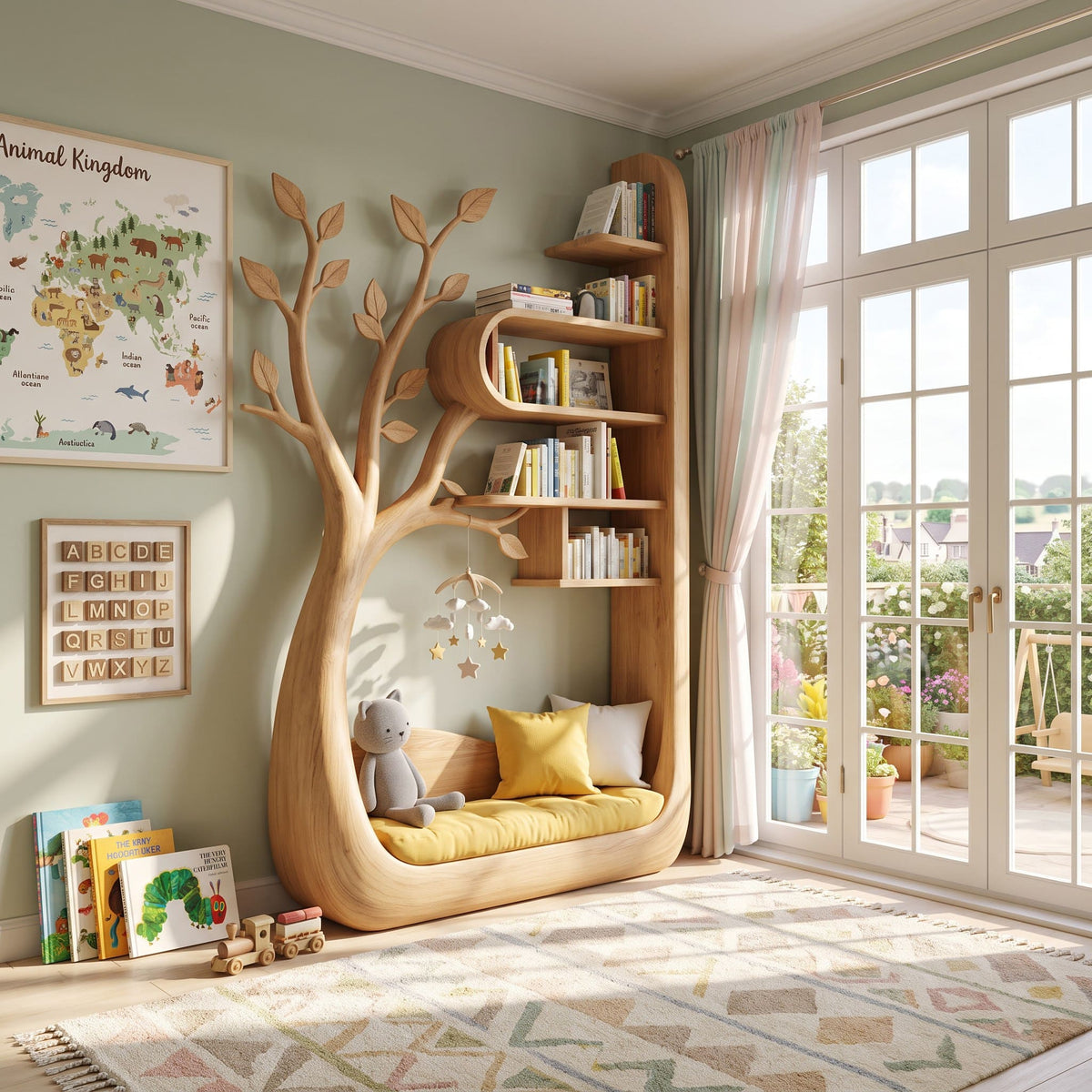 Sculpted Solid Wood Tree Bookshelf With Built-in Reading Nook For Kids