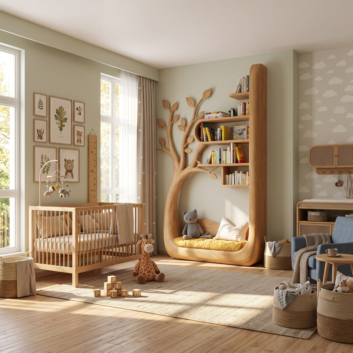 Sculpted Solid Wood Tree Bookshelf With Built-in Reading Nook For Kids