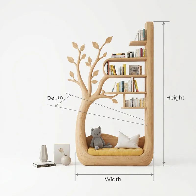 Sculpted Solid Wood Tree Bookshelf With Built-in Reading Nook For Kids