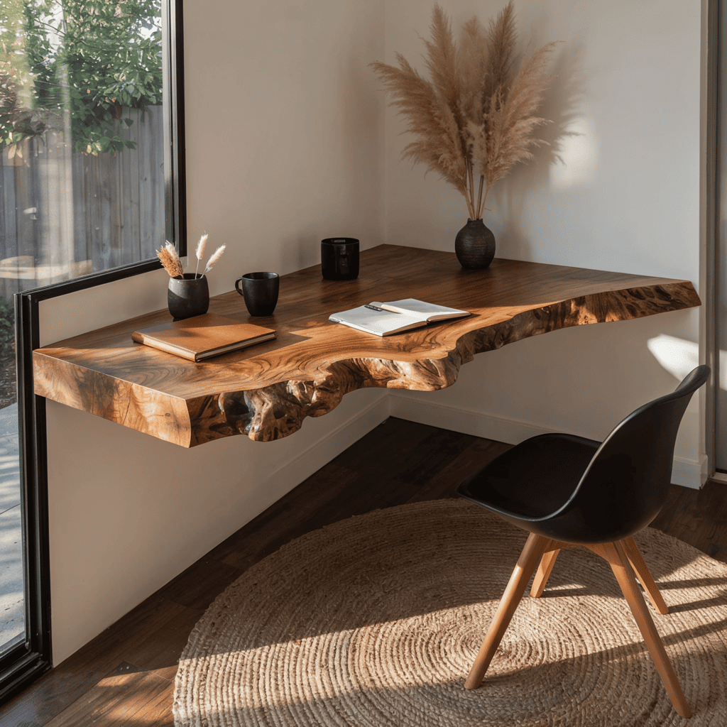 Sculptural Floating Live Edge Solid Wood Corner Desk & Wall-Mounted Workspace Slab