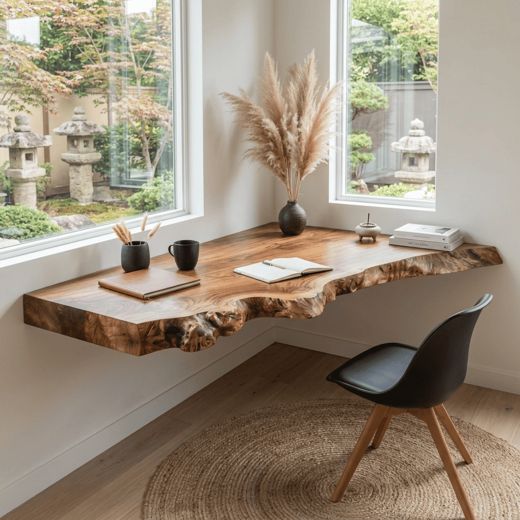 Sculptural Floating Live Edge Solid Wood Corner Desk & Wall-Mounted Workspace Slab