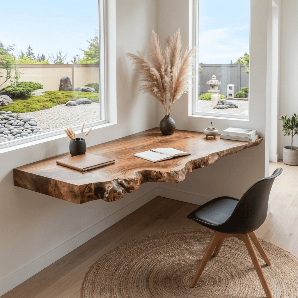 Sculptural Floating Live Edge Solid Wood Corner Desk & Wall-Mounted Workspace Slab