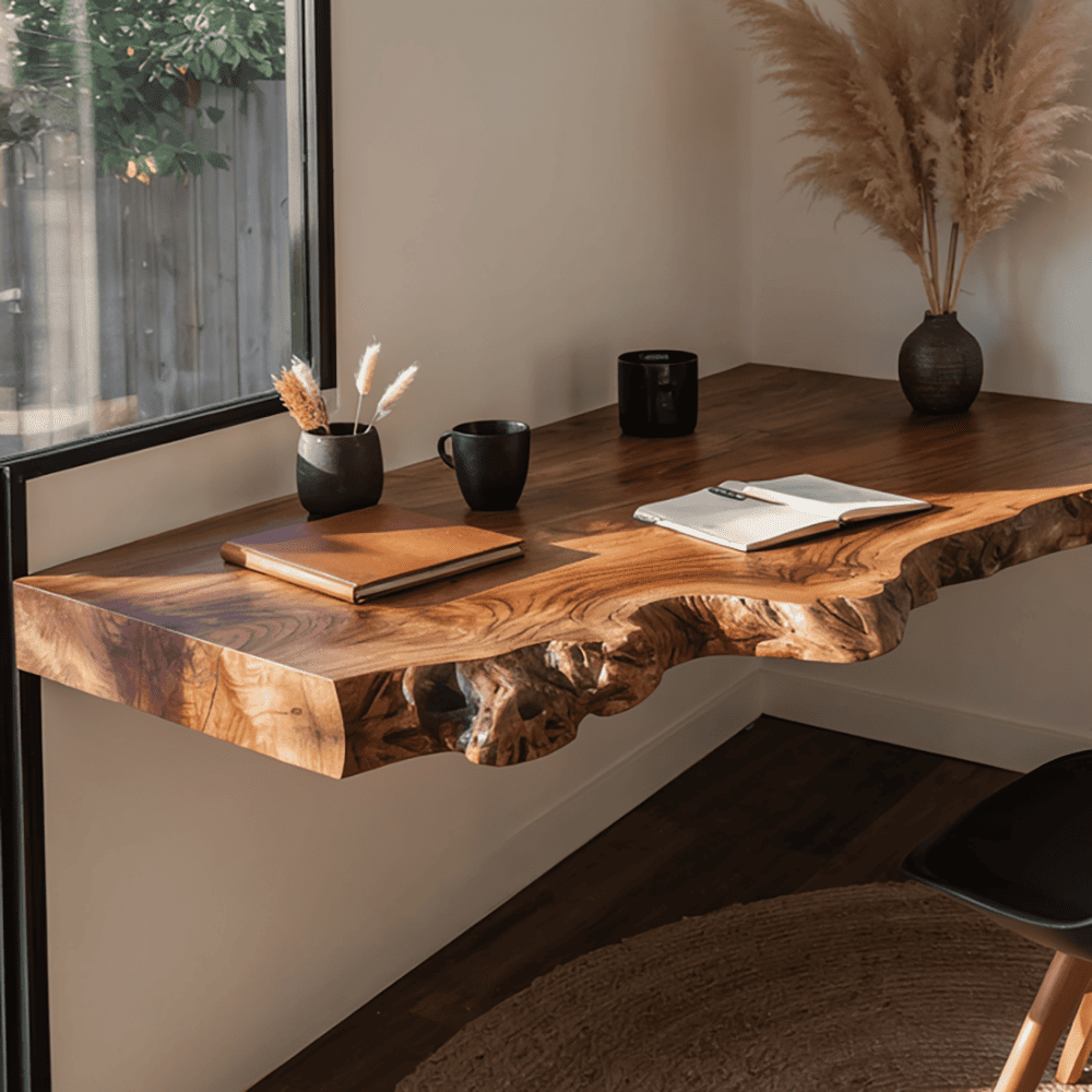 Sculptural Floating Live Edge Solid Wood Corner Desk & Wall-Mounted Workspace Slab