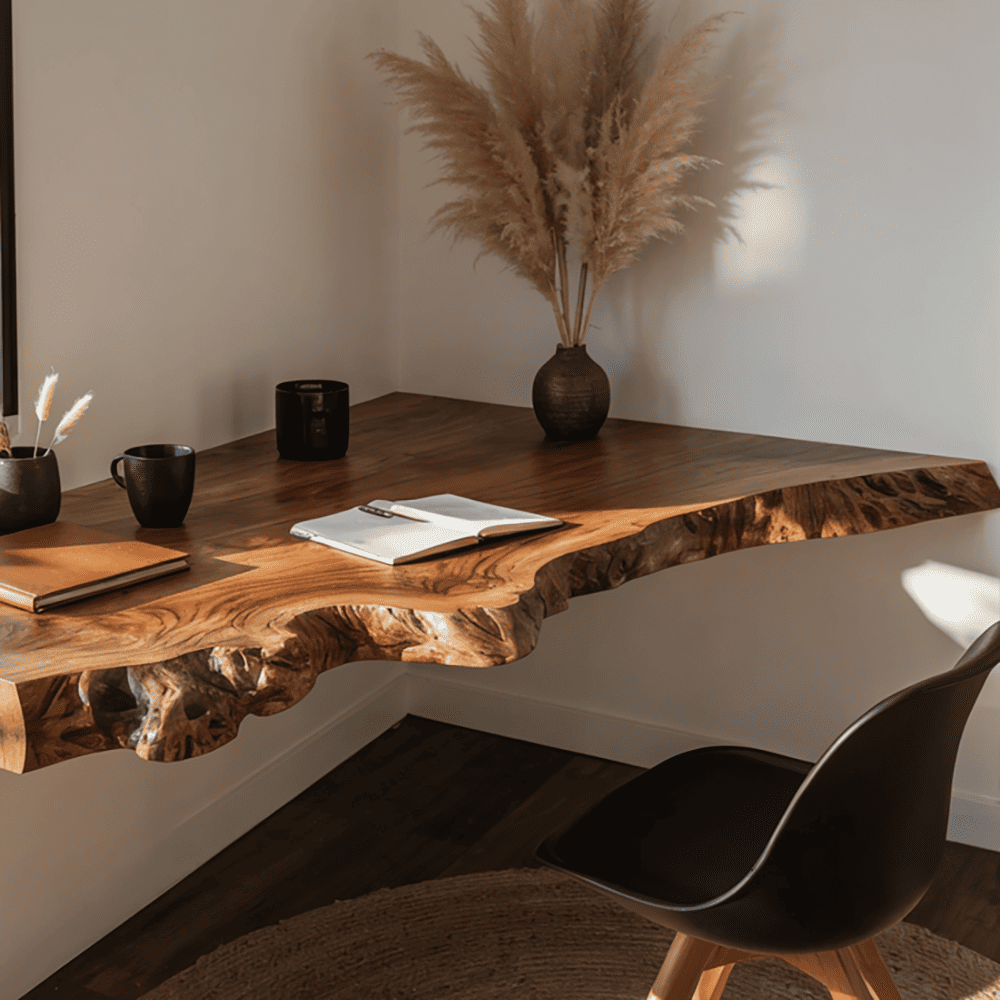 Sculptural Floating Live Edge Solid Wood Corner Desk & Wall-Mounted Workspace Slab