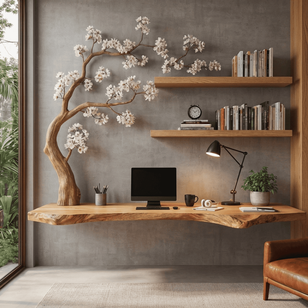 Sculptural Floating Live Edge Solid Wood Desk With Carved Blossom Branch Wall Unit