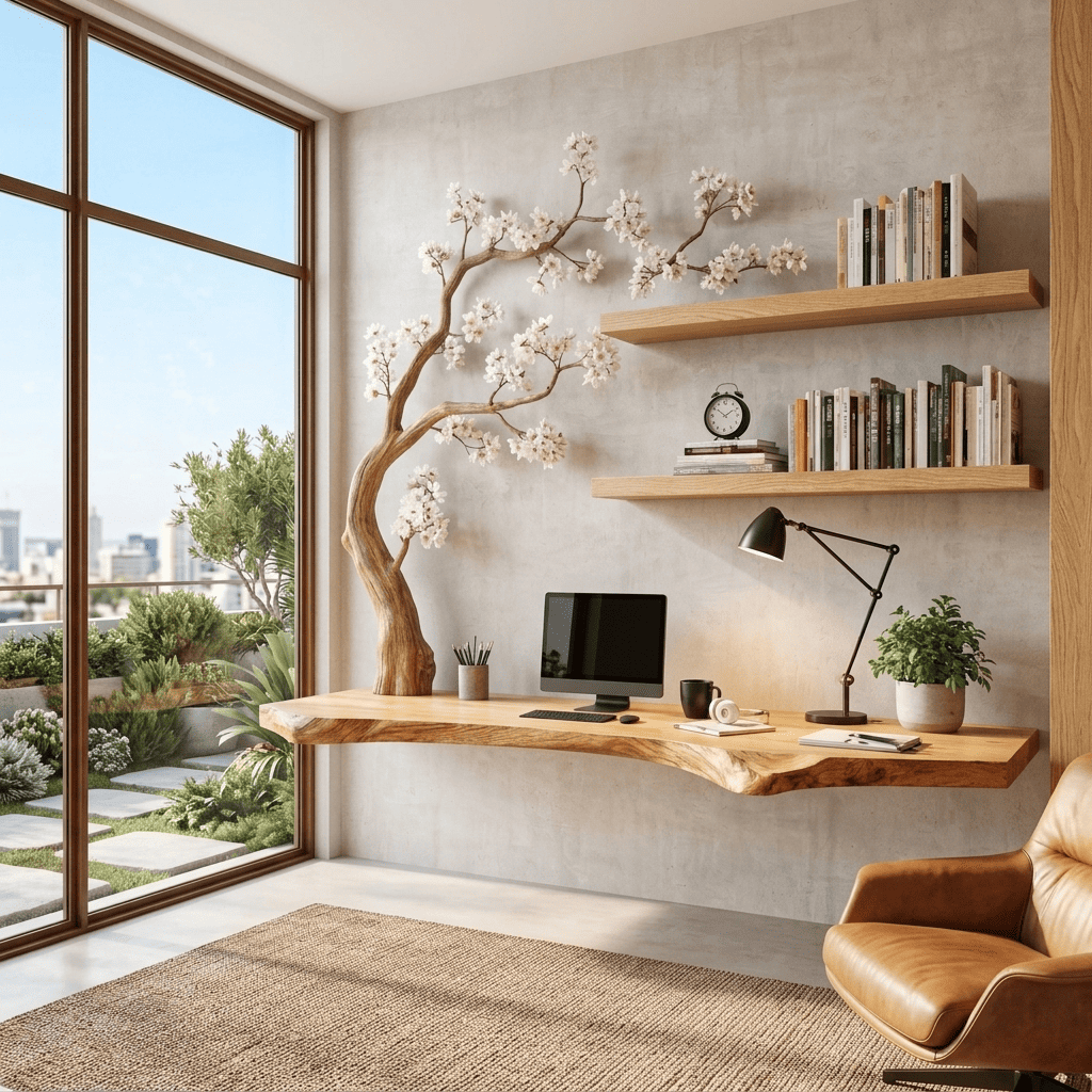 Sculptural Floating Live Edge Solid Wood Desk With Carved Blossom Branch Wall Unit