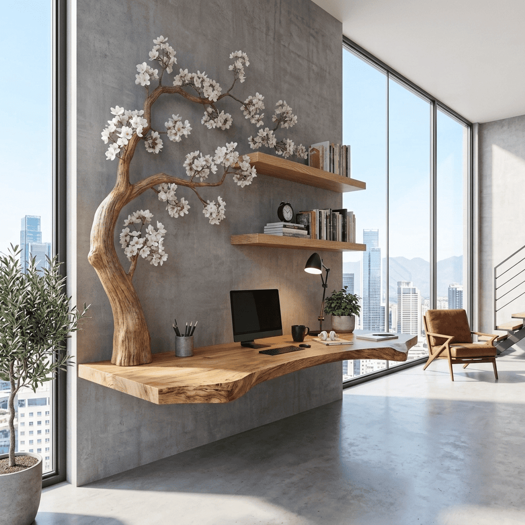 Sculptural Floating Live Edge Solid Wood Desk With Carved Blossom Branch Wall Unit