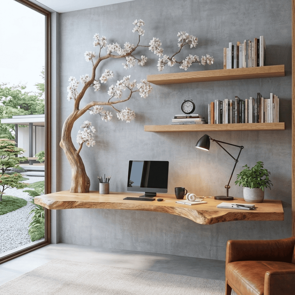 Sculptural Floating Live Edge Solid Wood Desk With Carved Blossom Branch Wall Unit