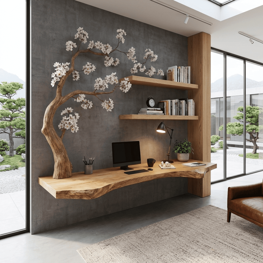 Sculptural Floating Live Edge Solid Wood Desk With Carved Blossom Branch Wall Unit