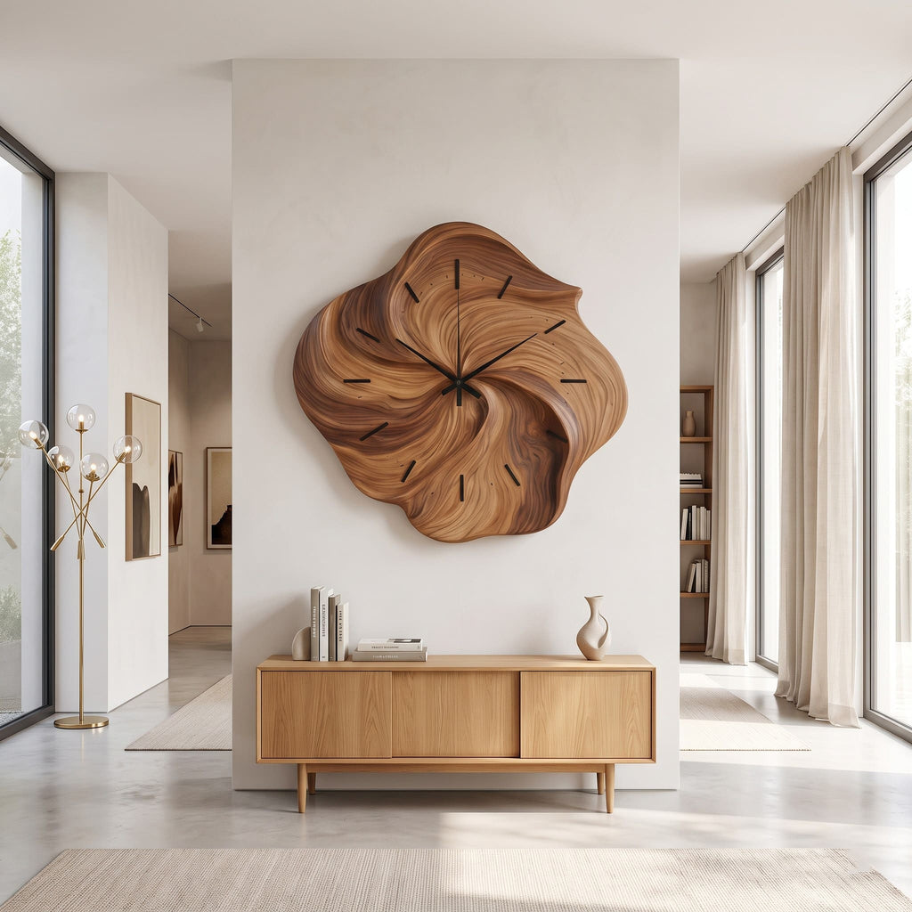 Sculptural Hand-Carved Biomorphic Solid Wood Swirl Wall Clock With Fluted Petal Relief & Silent Quartz Movement