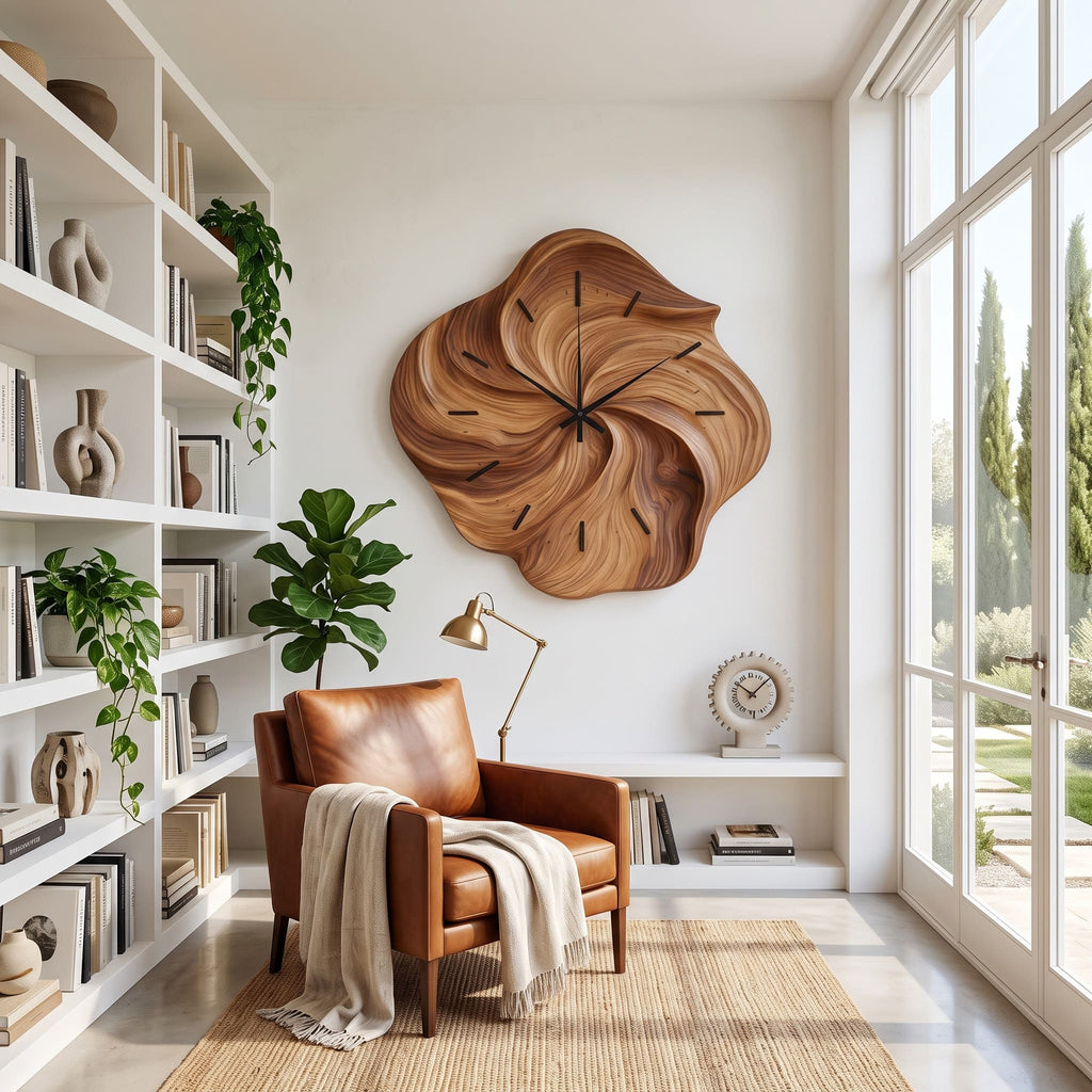 Sculptural Hand-Carved Biomorphic Solid Wood Swirl Wall Clock With Fluted Petal Relief & Silent Quartz Movement