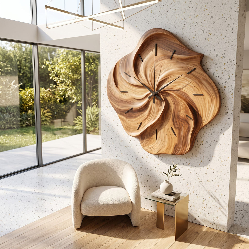 Sculptural Hand-Carved Biomorphic Solid Wood Swirl Wall Clock With Fluted Petal Relief & Silent Quartz Movement