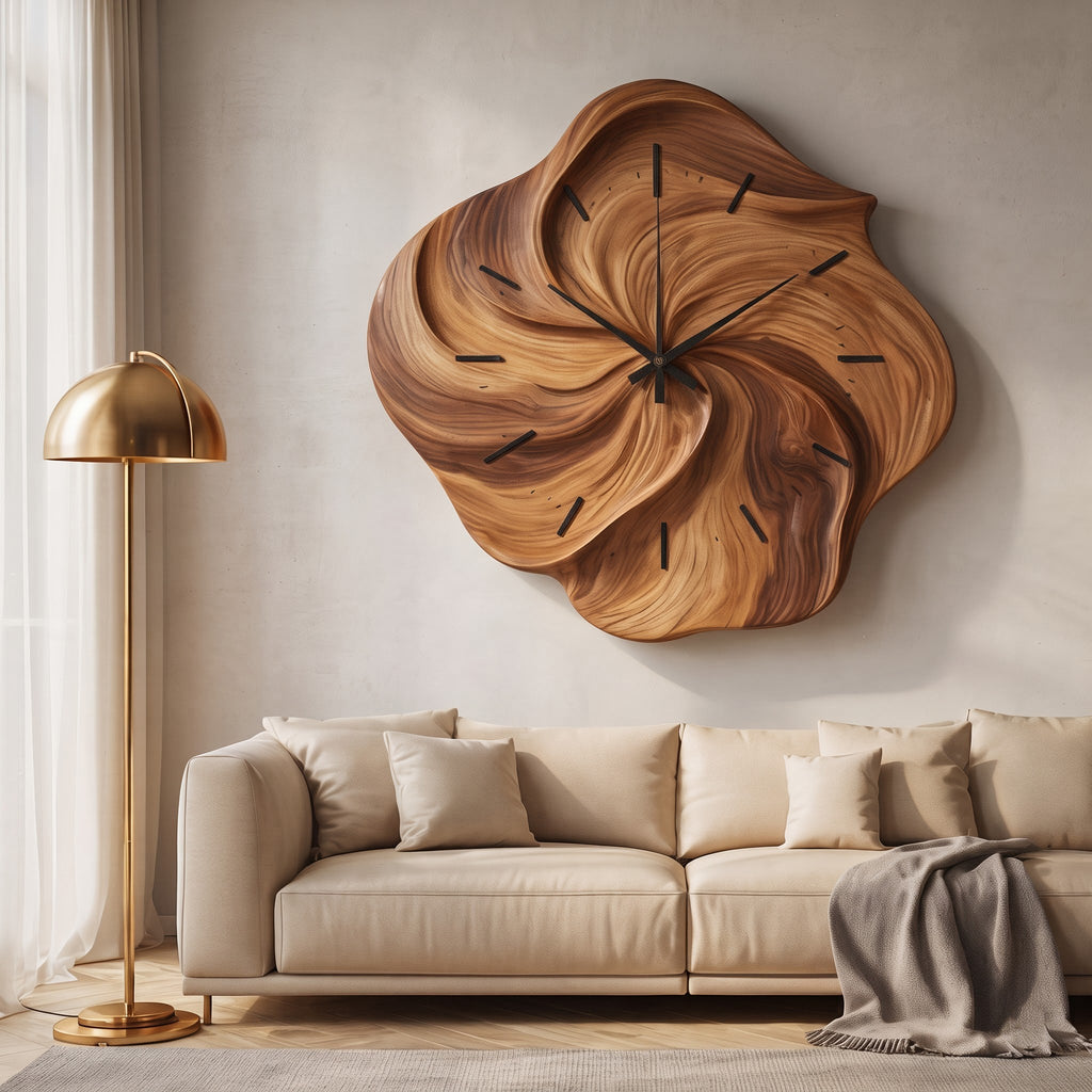 Sculptural Hand-Carved Biomorphic Solid Wood Swirl Wall Clock With Fluted Petal Relief & Silent Quartz Movement