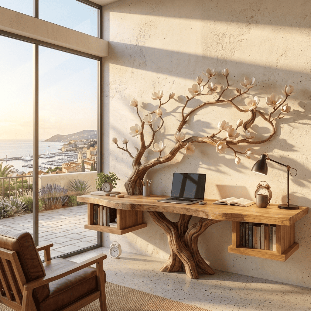Sculptural Hand-Carved Blossom Tree Solid Wood Desk & Sprawling Branch Wall Unit