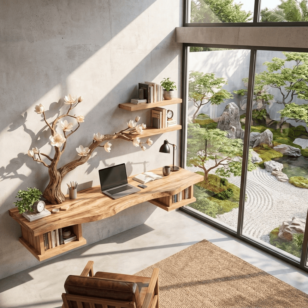 Sculptural Hand-Carved Blossom Tree Solid Wood Desk & Sprawling Branch Wall Unit