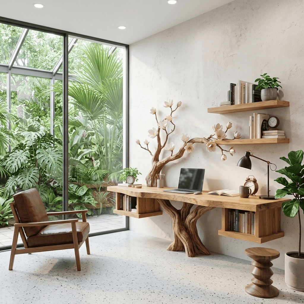 Sculptural Hand-Carved Blossom Tree Solid Wood Desk & Sprawling Branch Wall Unit