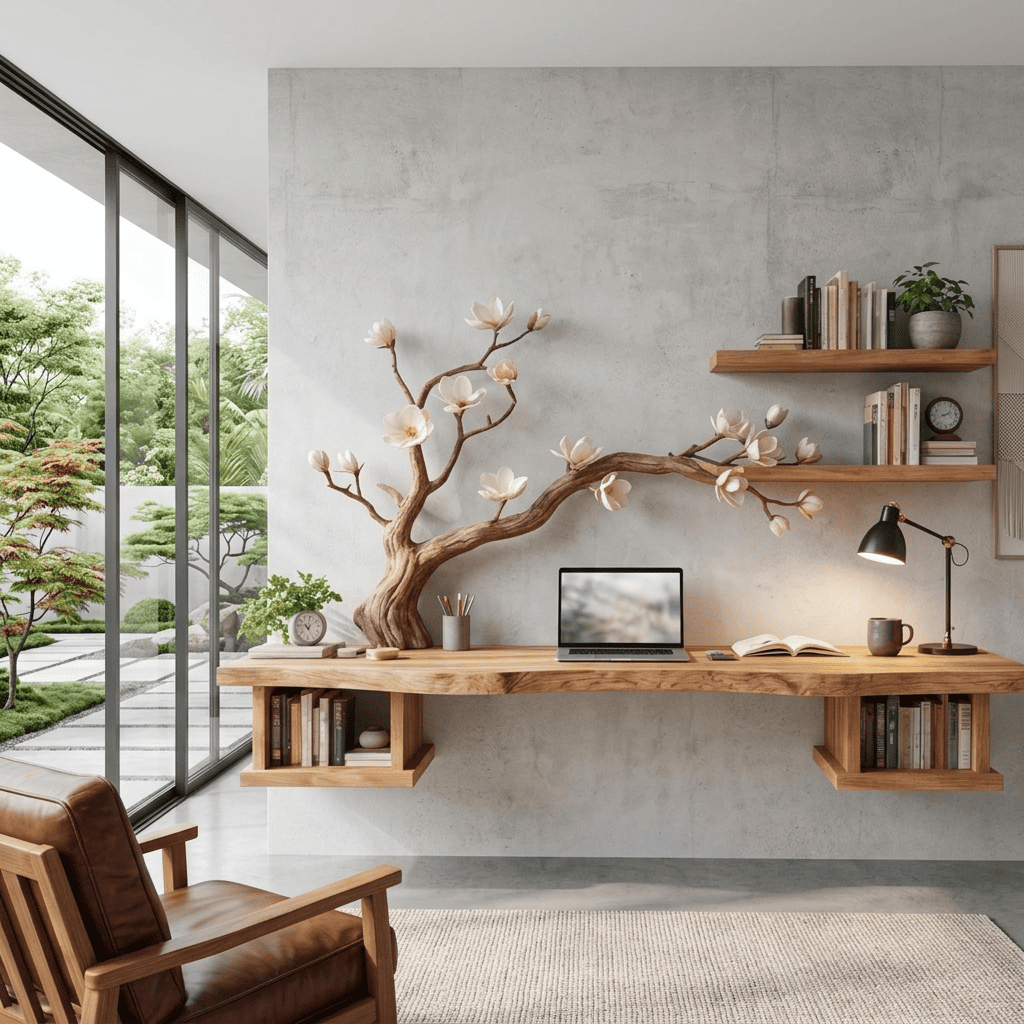 Sculptural Hand-Carved Blossom Tree Solid Wood Desk & Sprawling Branch Wall Unit