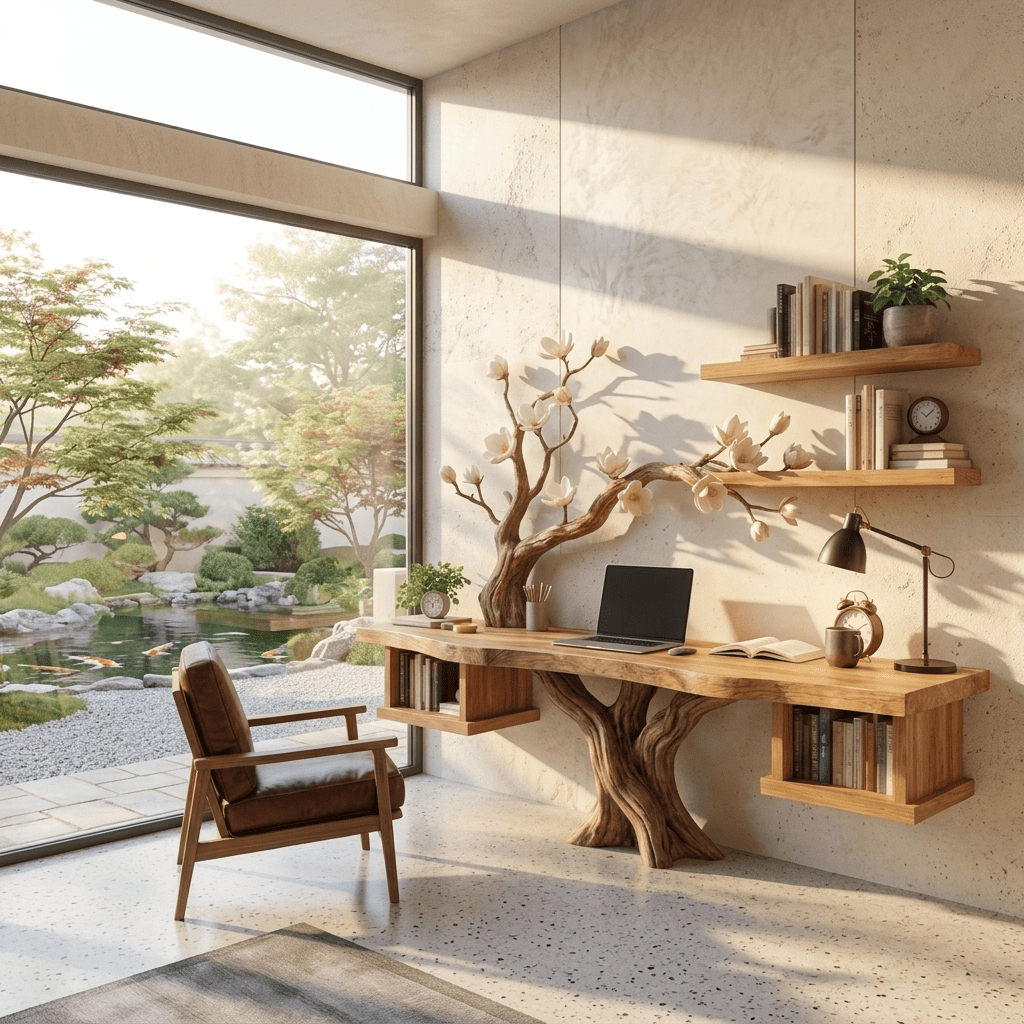 Sculptural Hand-Carved Blossom Tree Solid Wood Desk & Sprawling Branch Wall Unit