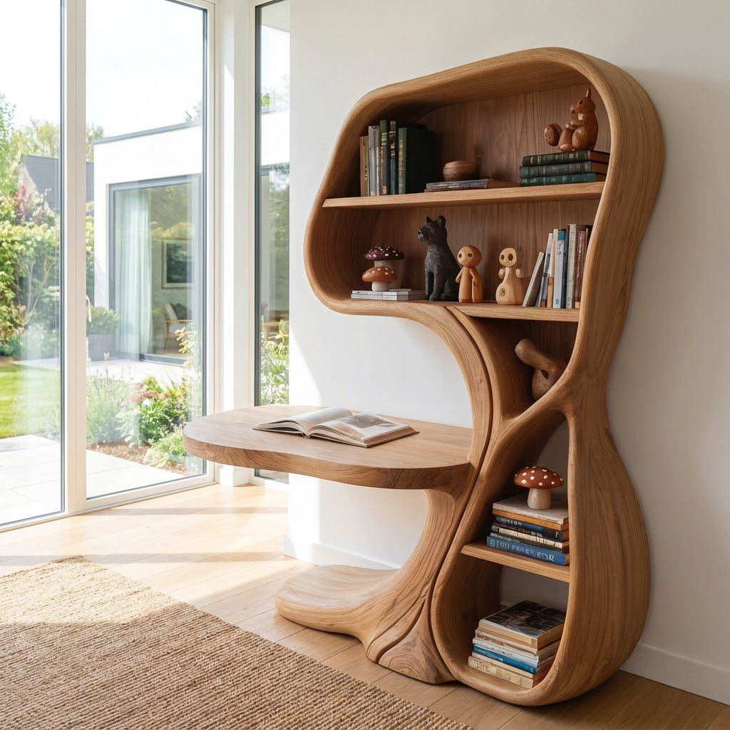 Sculptural Hand-Carved Curvilinear Solid Wood Desk & Bookshelf Combo Unit With Cantilevered Workstation