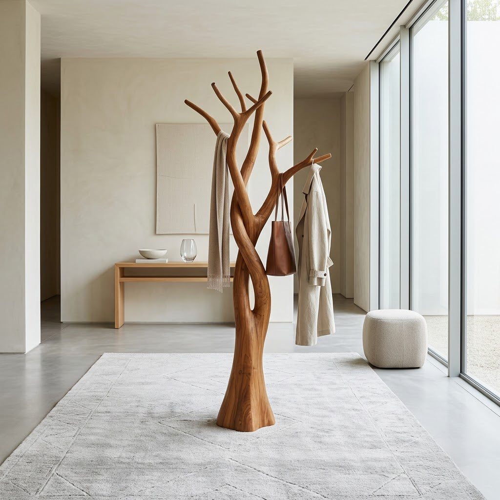 Sculptural Hand-Carved Intertwined Solid Wood Tree Coat Rack & Freestanding Branch Garment Stand