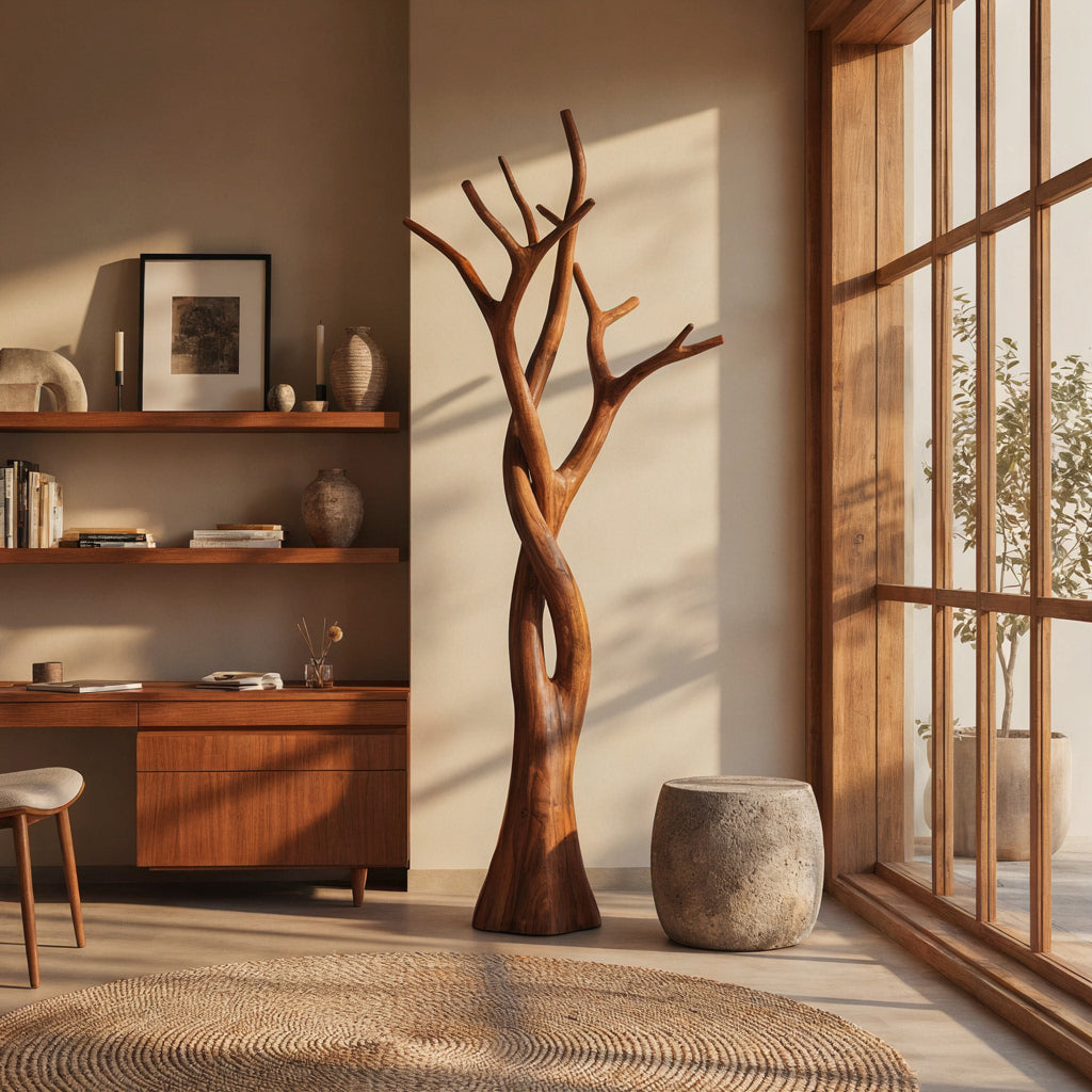 Sculptural Hand-Carved Intertwined Solid Wood Tree Coat Rack & Freestanding Branch Garment Stand