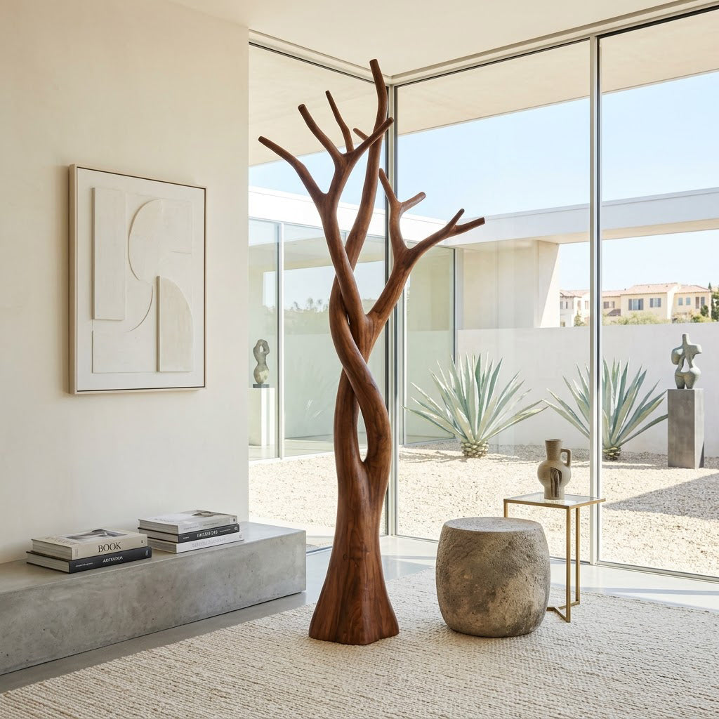 Sculptural Hand-Carved Intertwined Solid Wood Tree Coat Rack & Freestanding Branch Garment Stand