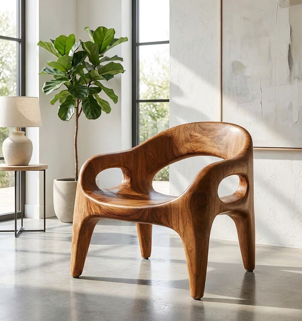 Sculptural Hand-Carved Monolithic Solid Wood Accent Chair & Biomorphic Lounge Chair