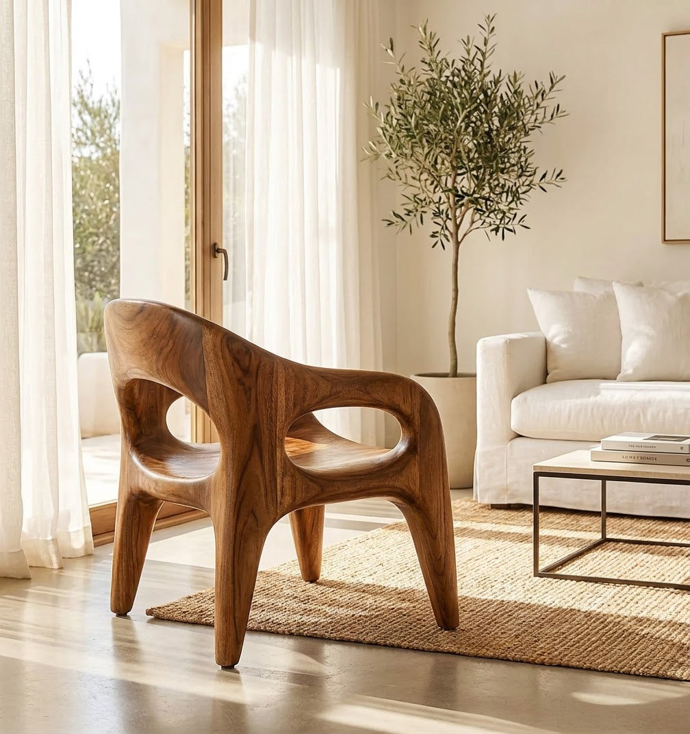 Sculptural Hand-Carved Monolithic Solid Wood Accent Chair & Biomorphic Lounge Chair