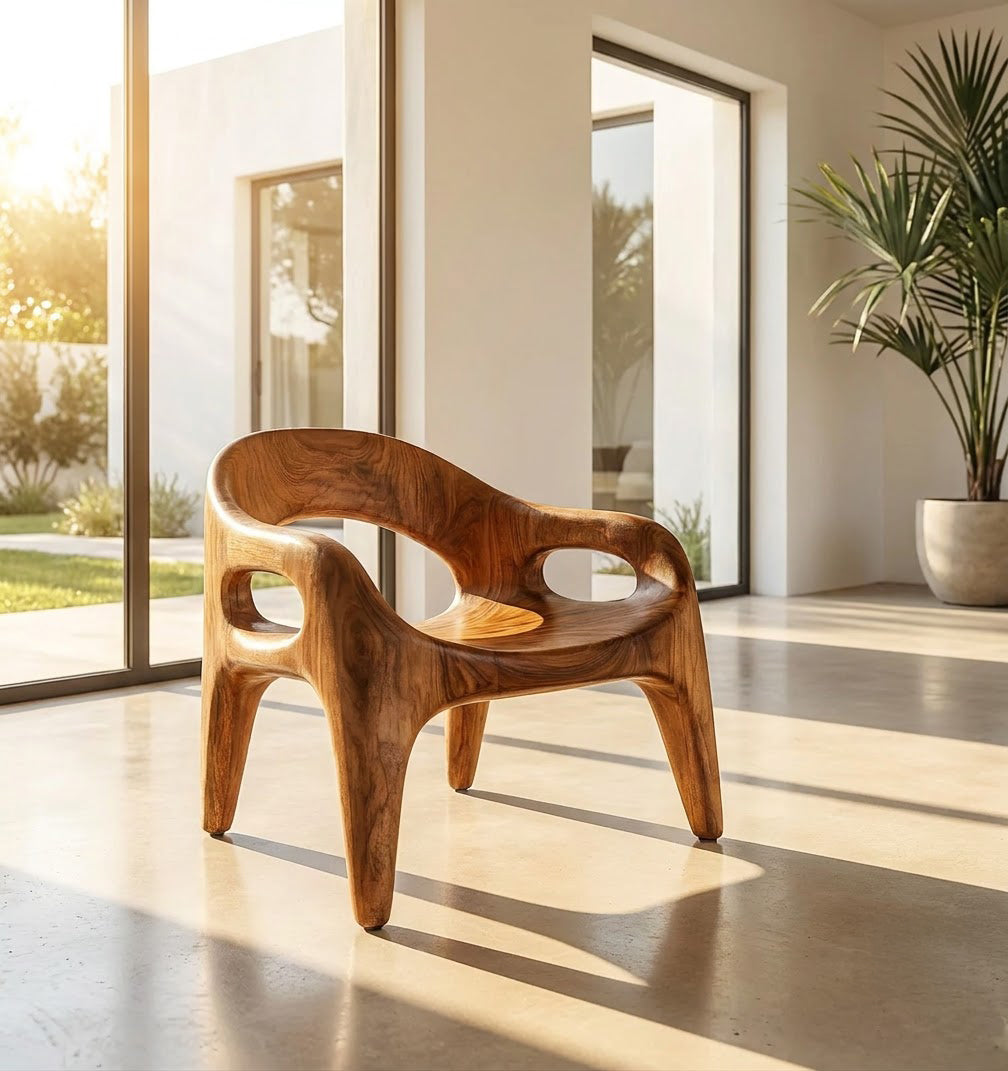 Sculptural Hand-Carved Monolithic Solid Wood Accent Chair & Biomorphic Lounge Chair