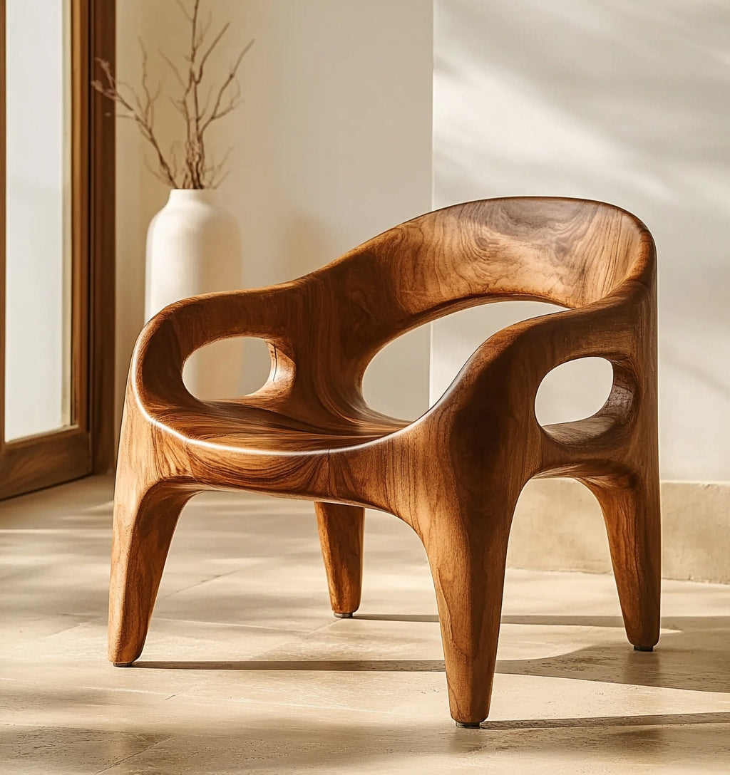 Sculptural Hand-Carved Monolithic Solid Wood Accent Chair & Biomorphic Lounge Chair