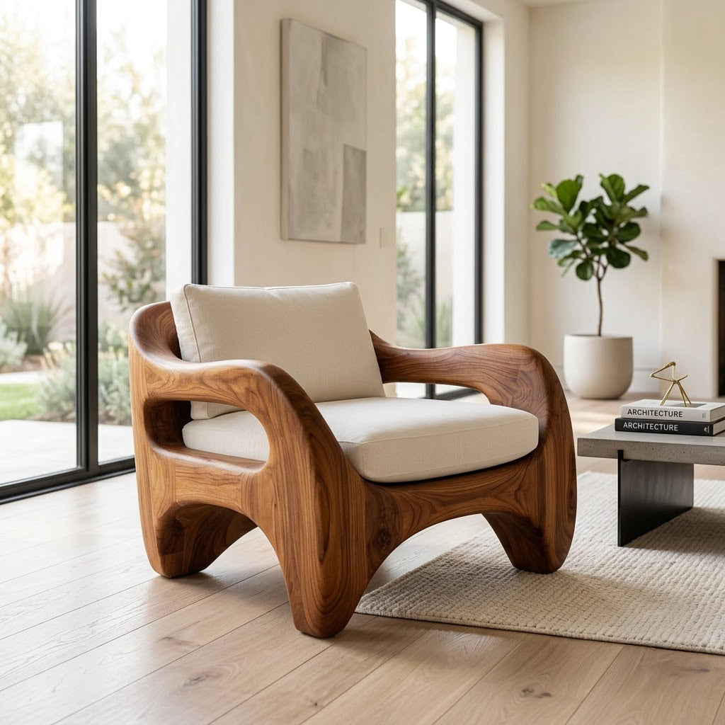 Sculptural Hand-Carved Monolithic Solid Wood Armchair Frame & Biomorphic Accent Chair