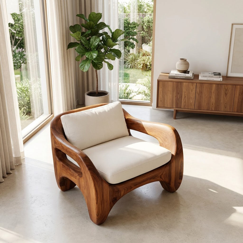Sculptural Hand-Carved Monolithic Solid Wood Armchair Frame & Biomorphic Accent Chair