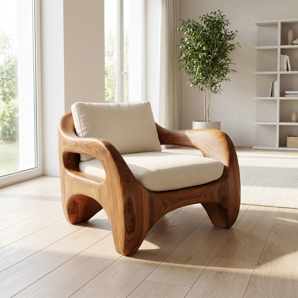 Sculptural Hand-Carved Monolithic Solid Wood Armchair Frame & Biomorphic Accent Chair