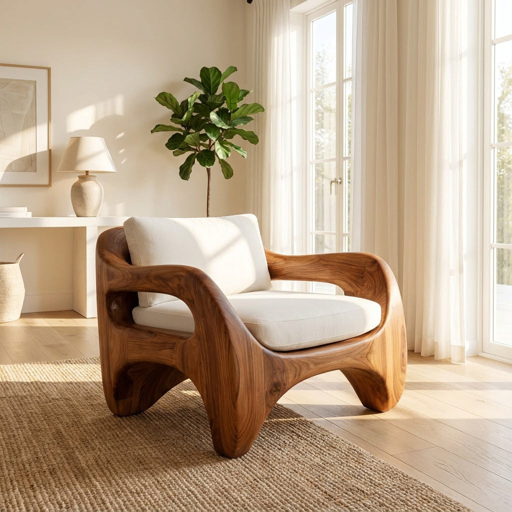 Sculptural Hand-Carved Monolithic Solid Wood Armchair Frame & Biomorphic Accent Chair