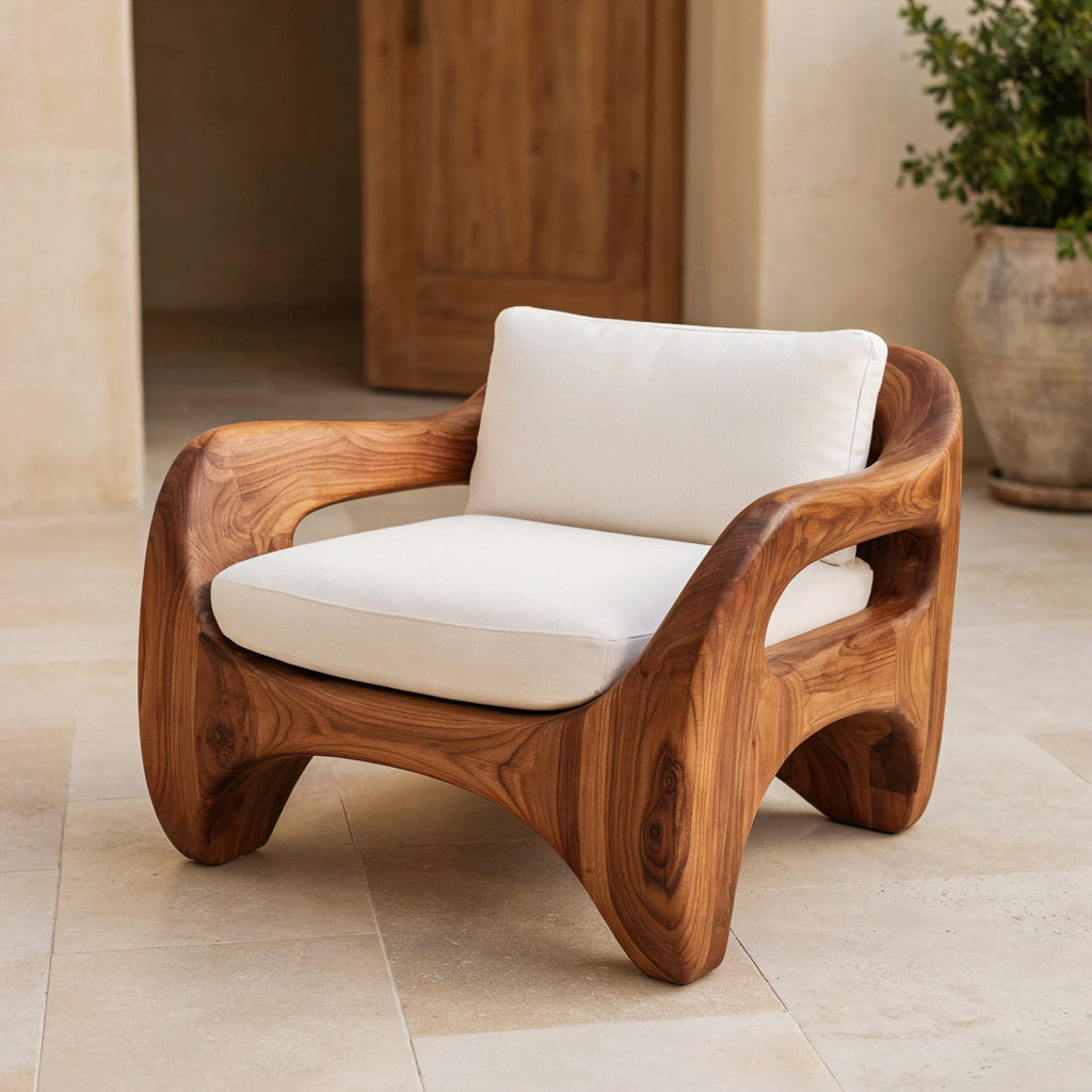Sculptural Hand-Carved Monolithic Solid Wood Armchair Frame & Biomorphic Accent Chair