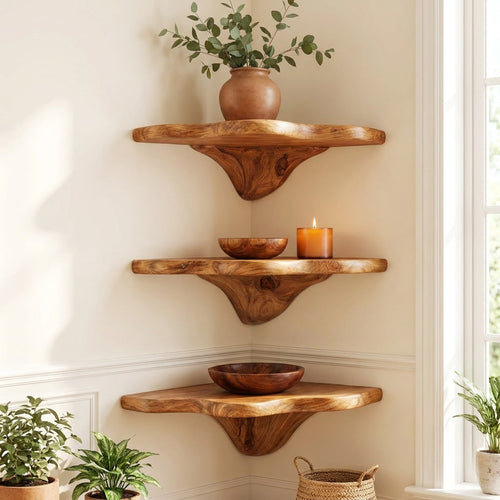 Sculptural Hand-Carved Mushroom Solid Wood Corner Floating Shelf & Biomorphic Wall Display Ledge