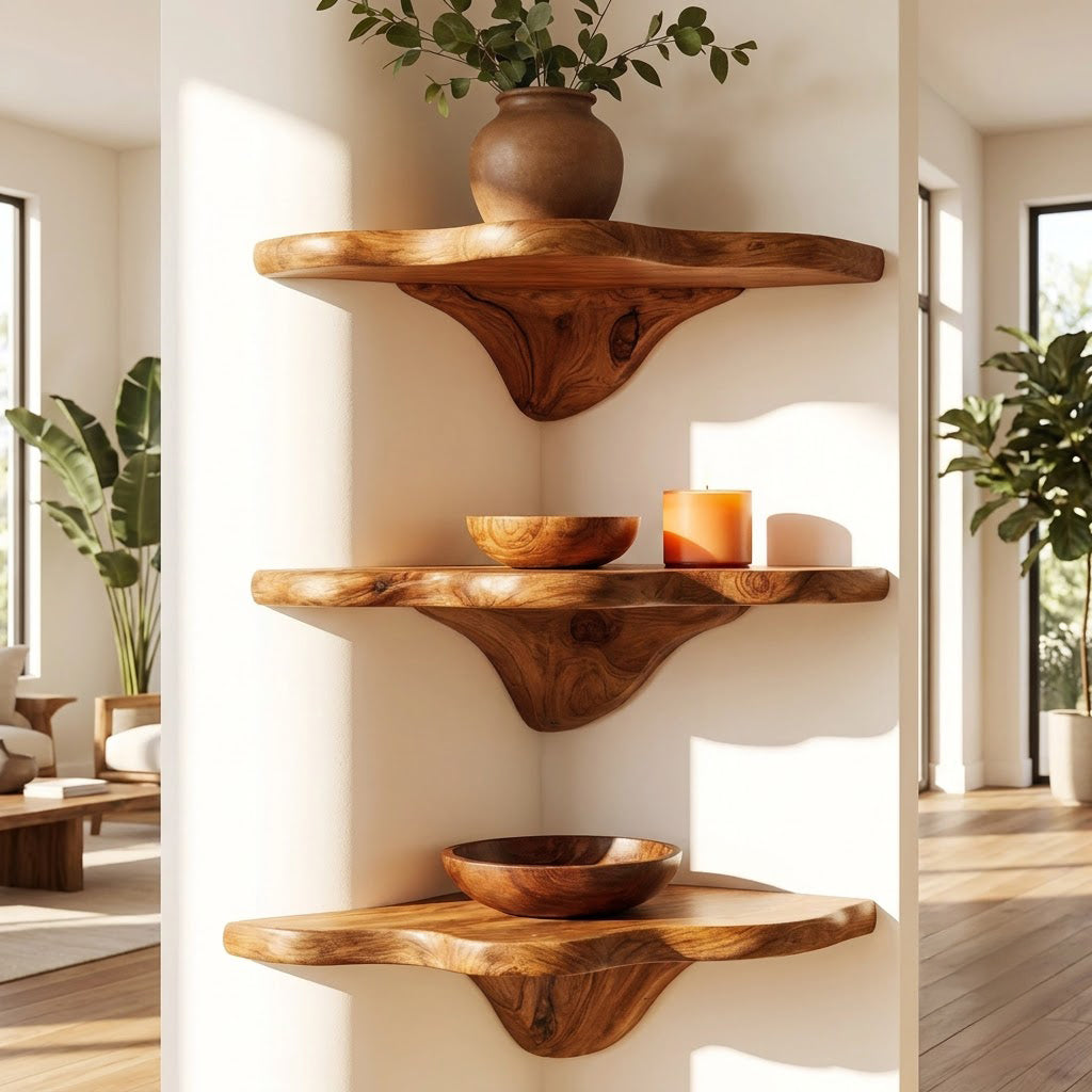 Sculptural Hand-Carved Mushroom Solid Wood Corner Floating Shelf & Biomorphic Wall Display Ledge