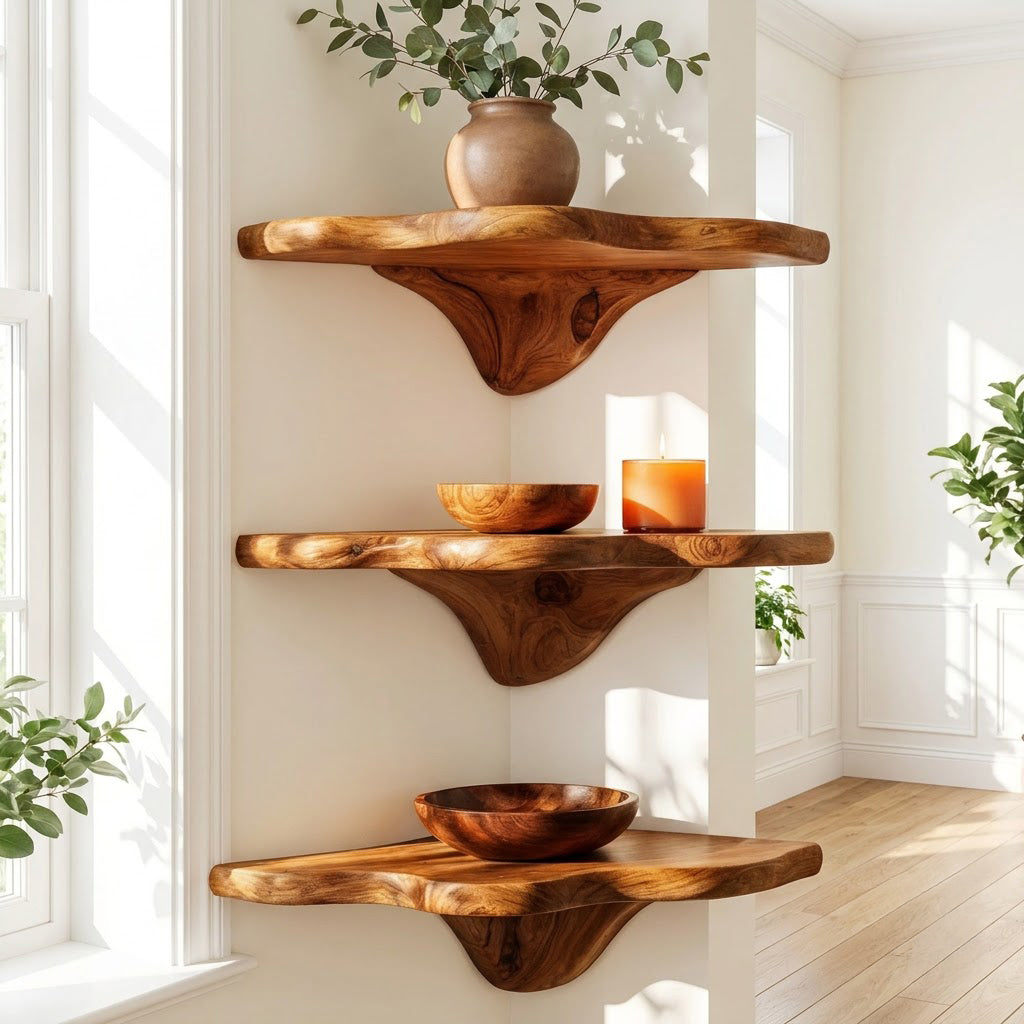 Sculptural Hand-Carved Mushroom Solid Wood Corner Floating Shelf & Biomorphic Wall Display Ledge
