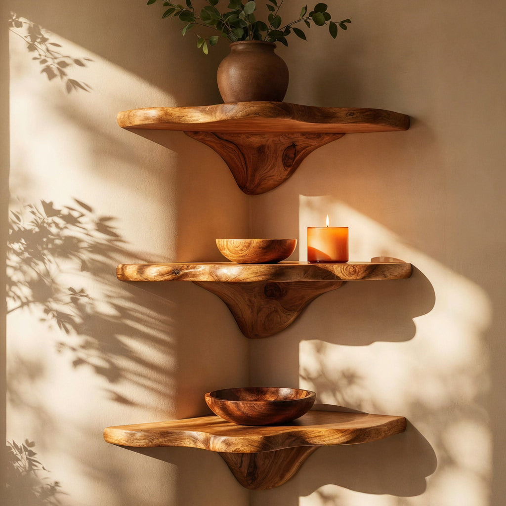 Sculptural Hand-Carved Mushroom Solid Wood Corner Floating Shelf & Biomorphic Wall Display Ledge