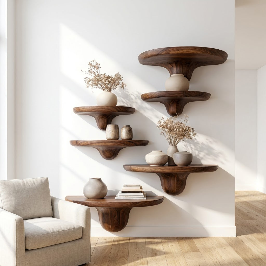 Sculptural Hand-Carved Mushroom Solid Wood Floating Shelves & Biomorphic Wall Display Ledges