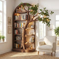 Sculptural Hand-Carved Solid Wood Arched Tree Bookshelf With Cantilevered Branch Canopy & Display Shelves