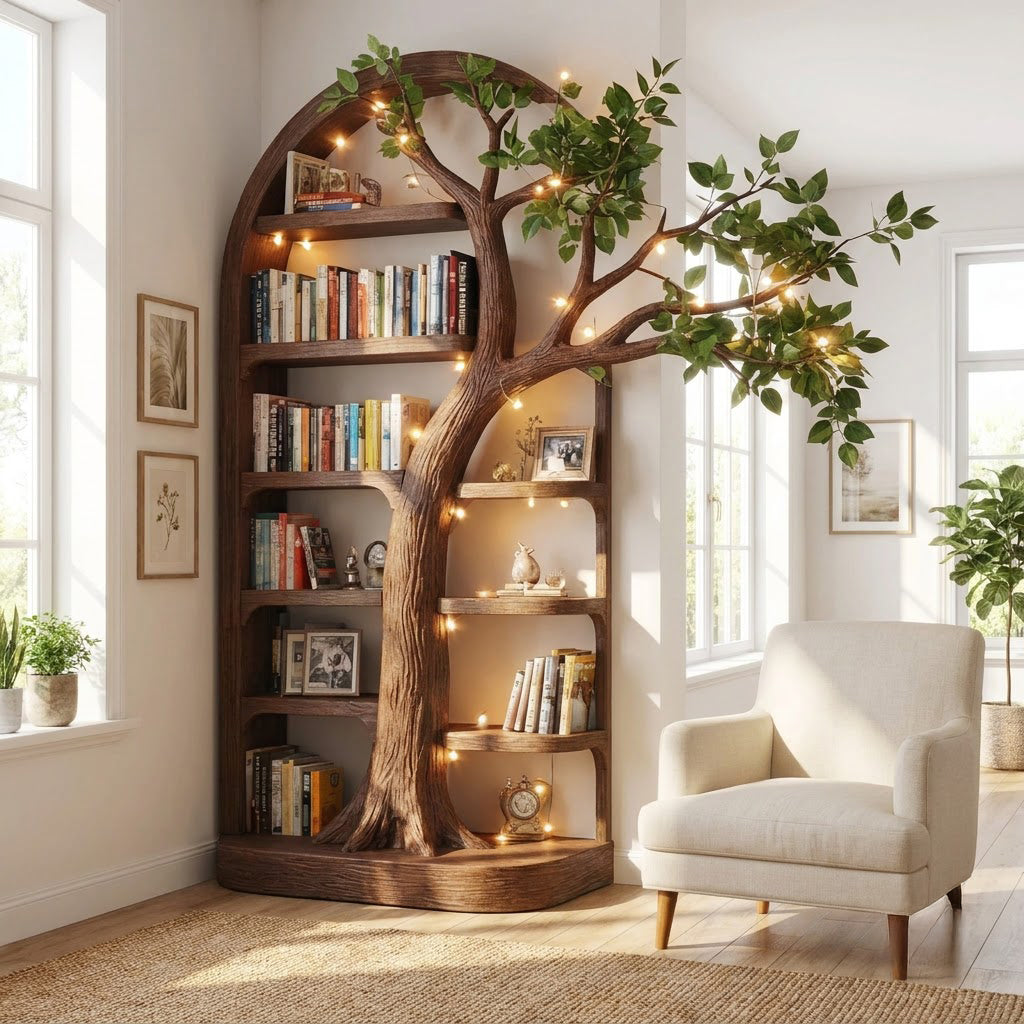 Sculptural Hand-Carved Solid Wood Arched Tree Bookshelf With Cantilevered Branch Canopy & Display Shelves