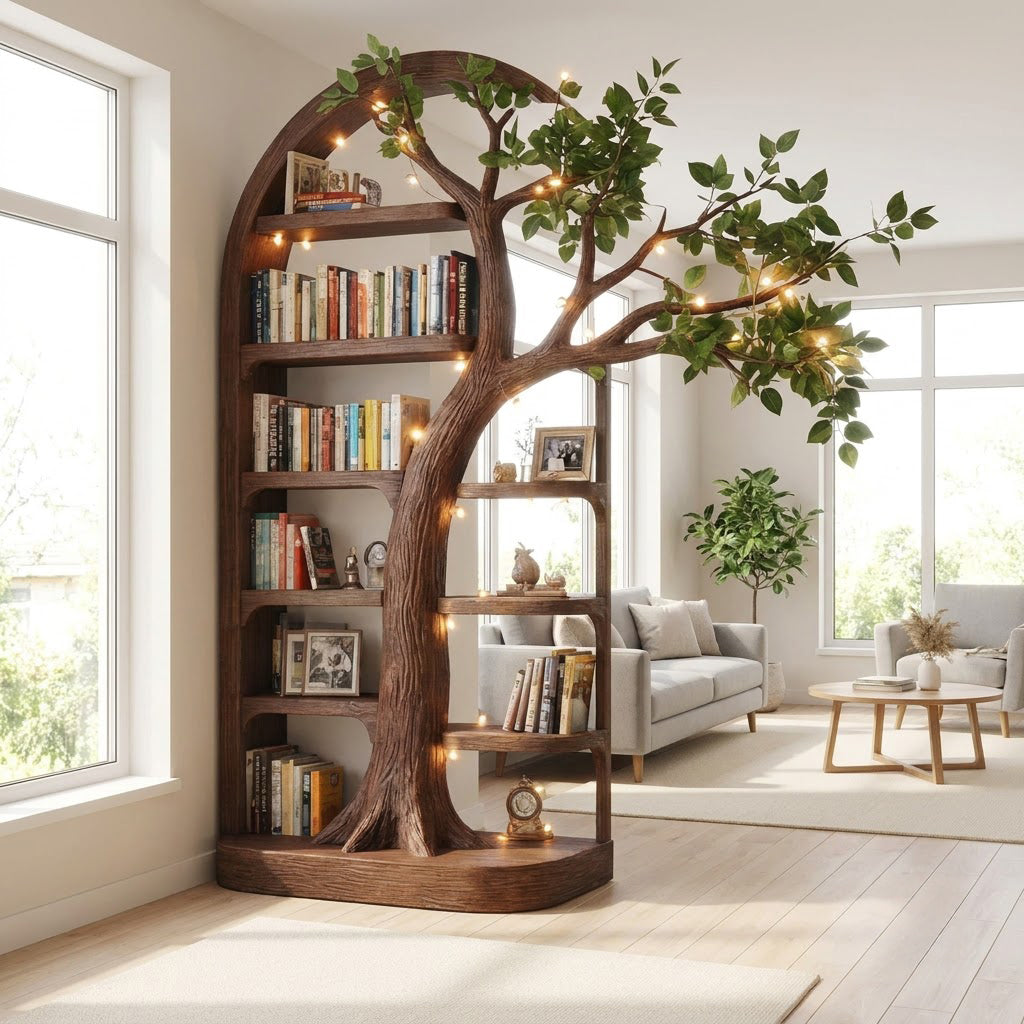 Sculptural Hand-Carved Solid Wood Arched Tree Bookshelf With Cantilevered Branch Canopy & Display Shelves